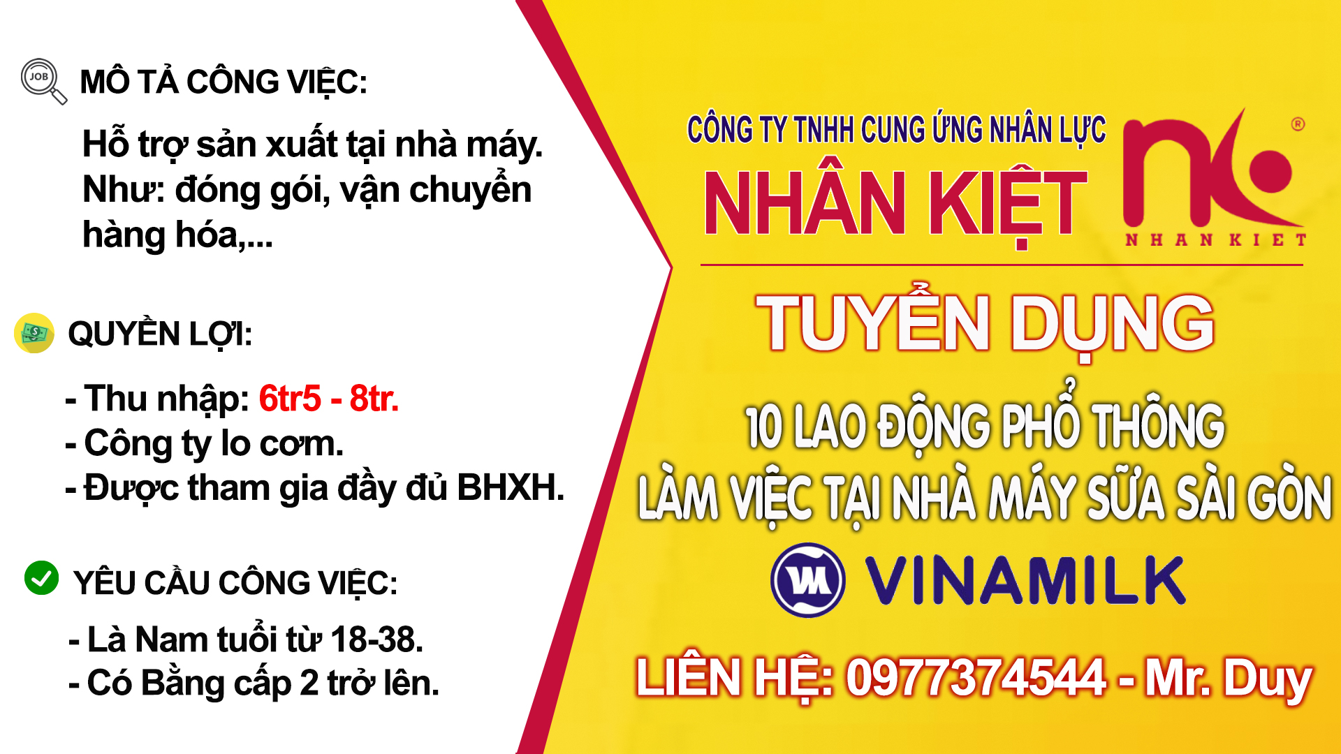 CẦN TUYỂN 10 NAM LAO ĐỘNG HỖ TRỢ SẢN XUẤT CHO NHÀ MÁY SỮA VINAMILK QUẬN 12.